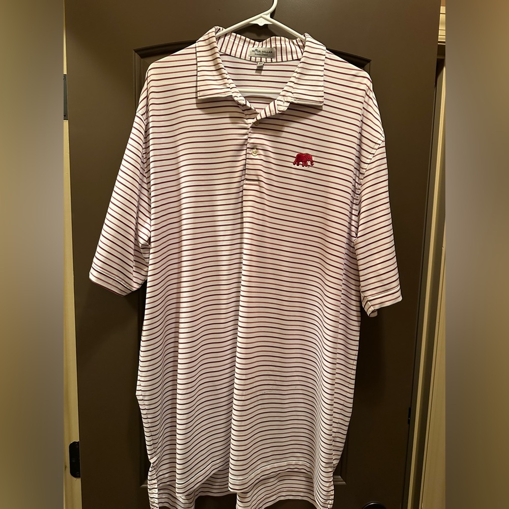 Peter Millar Red, Black and Gray Striped Polo with Red Elephant Logo